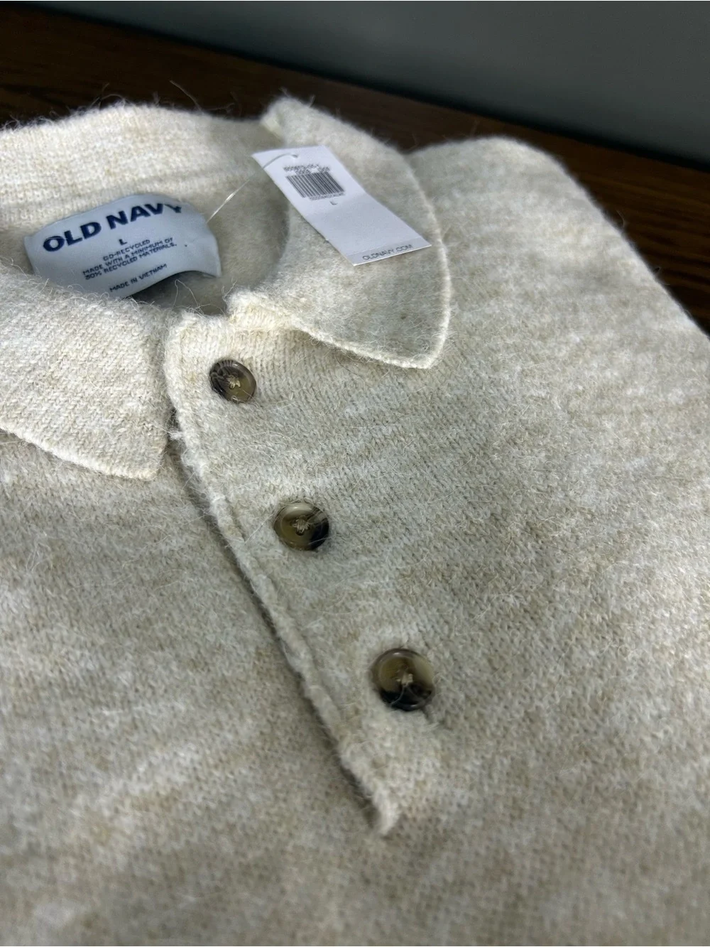 Old Navy Men's Oat Colored Long Sleeve Knit Crewneck Polo Sweater SIZE Large